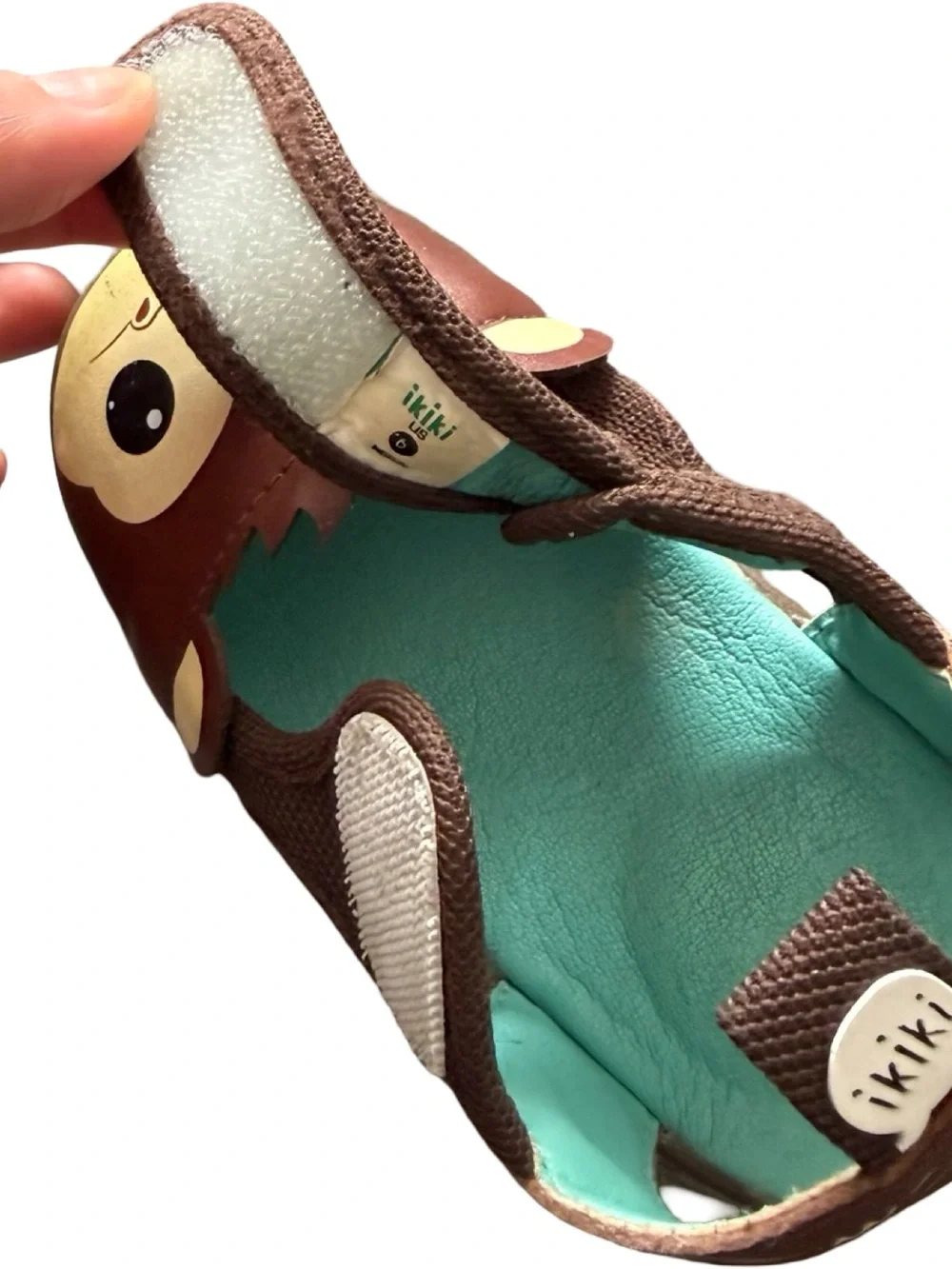 Kids Brown Monkey Face Sandals with Teal Insole